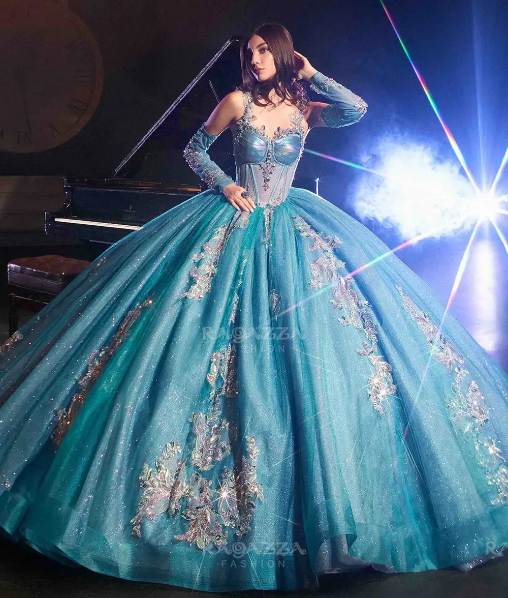 Model wearing a Ragazza quinceanera dress